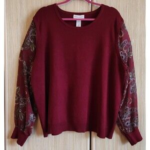 Alfred Dunner Women's Sweater Size 2X Red Knit Pullover Sheer Fabric Sleeves EUC